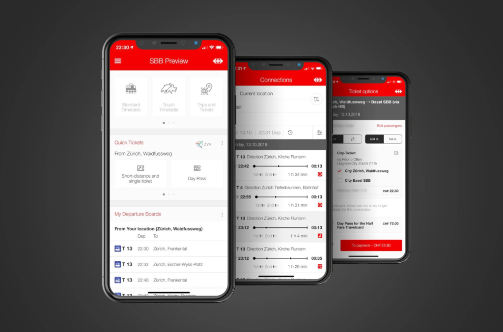 Giao diện ứng dụng SBB Mobile trên điện thoại, công cụ cần thiết để tra cứu lịch trình và mua vé cho giao thông công cộng tại Thụy Sĩ.